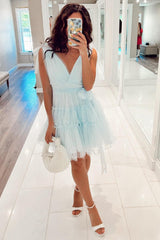 Light Blue A-Line Tulle Tiered Short Homecoming Dress with Pearls