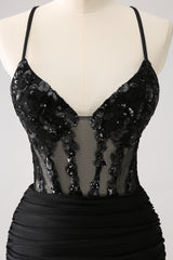 Sparkly Black Corset Sequined Short Tight Homecoming Dress