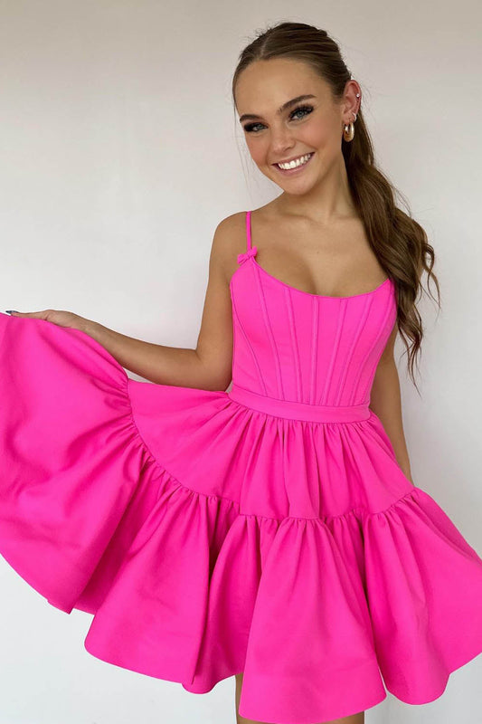 Fuchsia Spaghetti Straps Lace-Up Back A-Line Short Satin Homecoming Dress