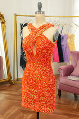 Sparkly Orange Cross V-Neck Sequins Tight Homecoming Dress