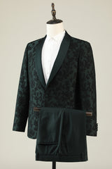 Chic Dark Green Jacquard Shawl Lapel One-Button 2-Piece Men's Prom Suit