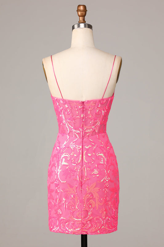 Sheath Spaghetti Straps Fuchsia Sequins Homecoming Dress