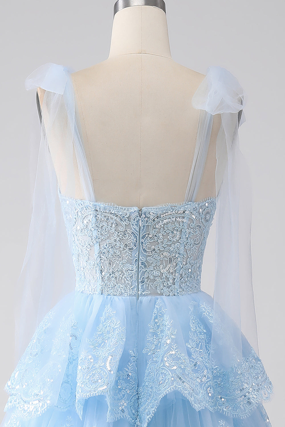 Blue Ruffled Tiered Lace A-Line Long Prom Dress