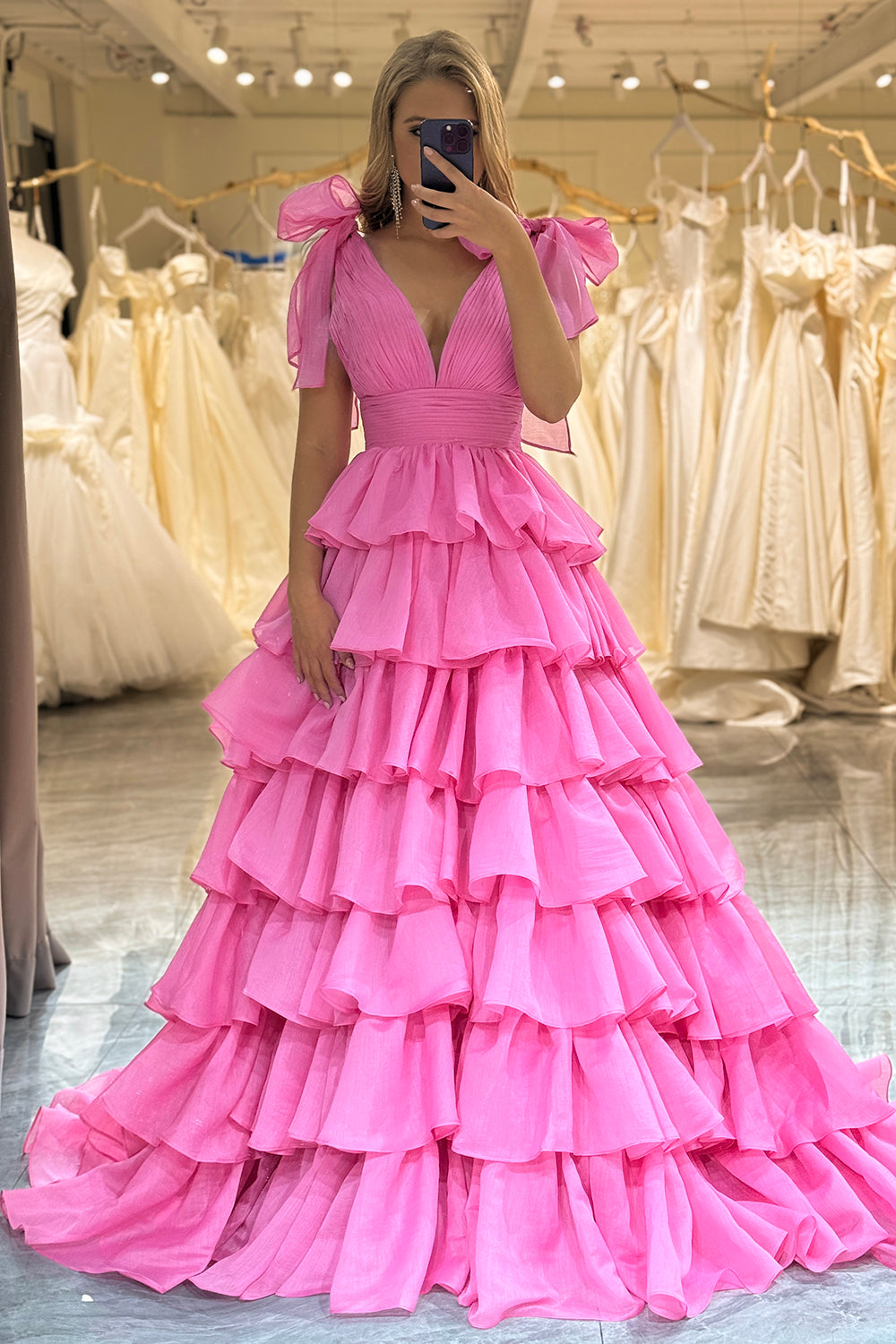 A Line Fuchsia V Neck Tulle Long Prom Dress with Ruffles