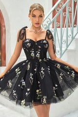 Black Corset Embroidered Short A-Line Homecoming Dress