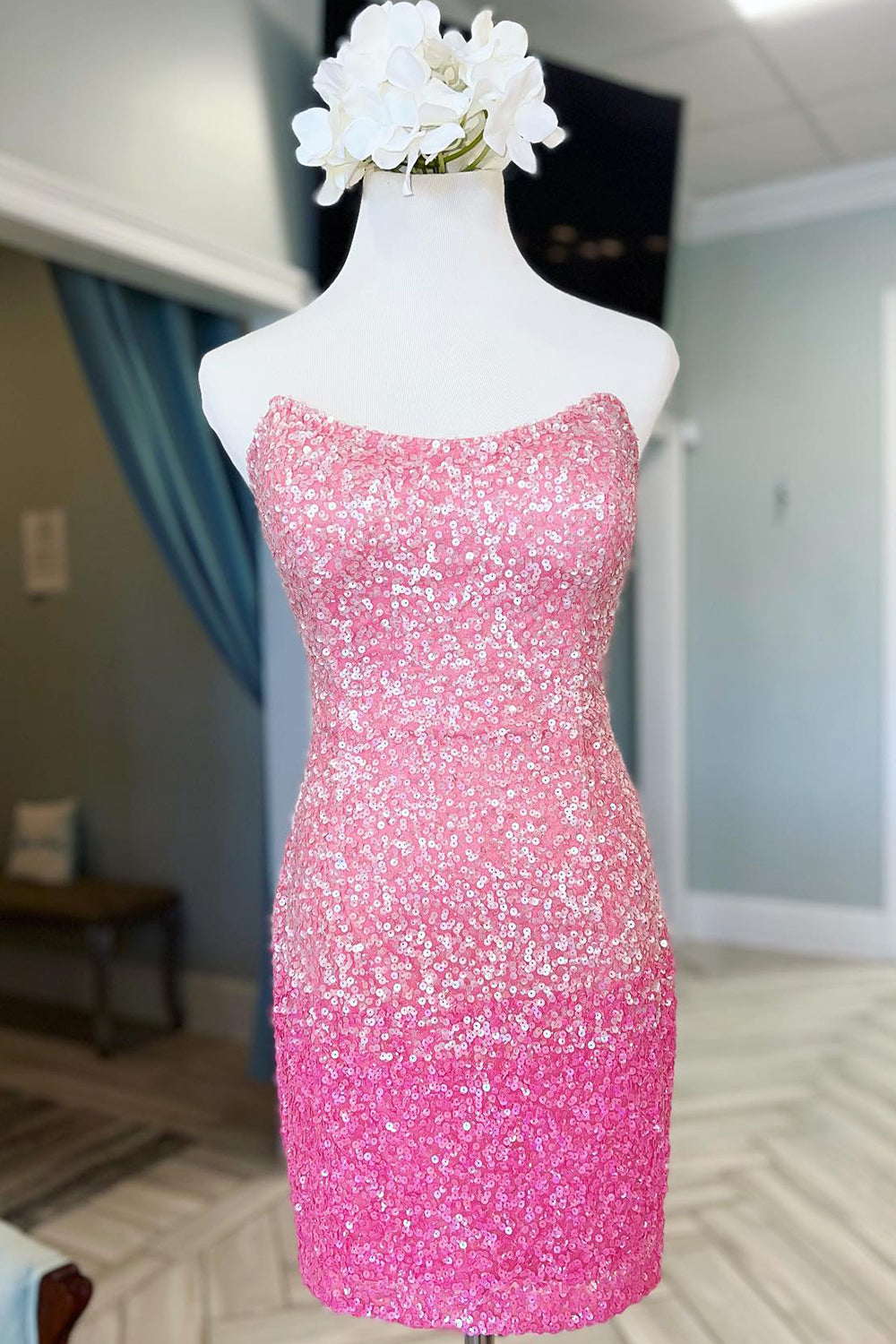 Sparkly Pink Ombre Sequin Tight Short Homecoming Dress