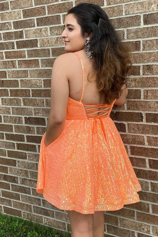 Sparkly Orange Sequins A-Line Short Homecoming Dress with Pockets