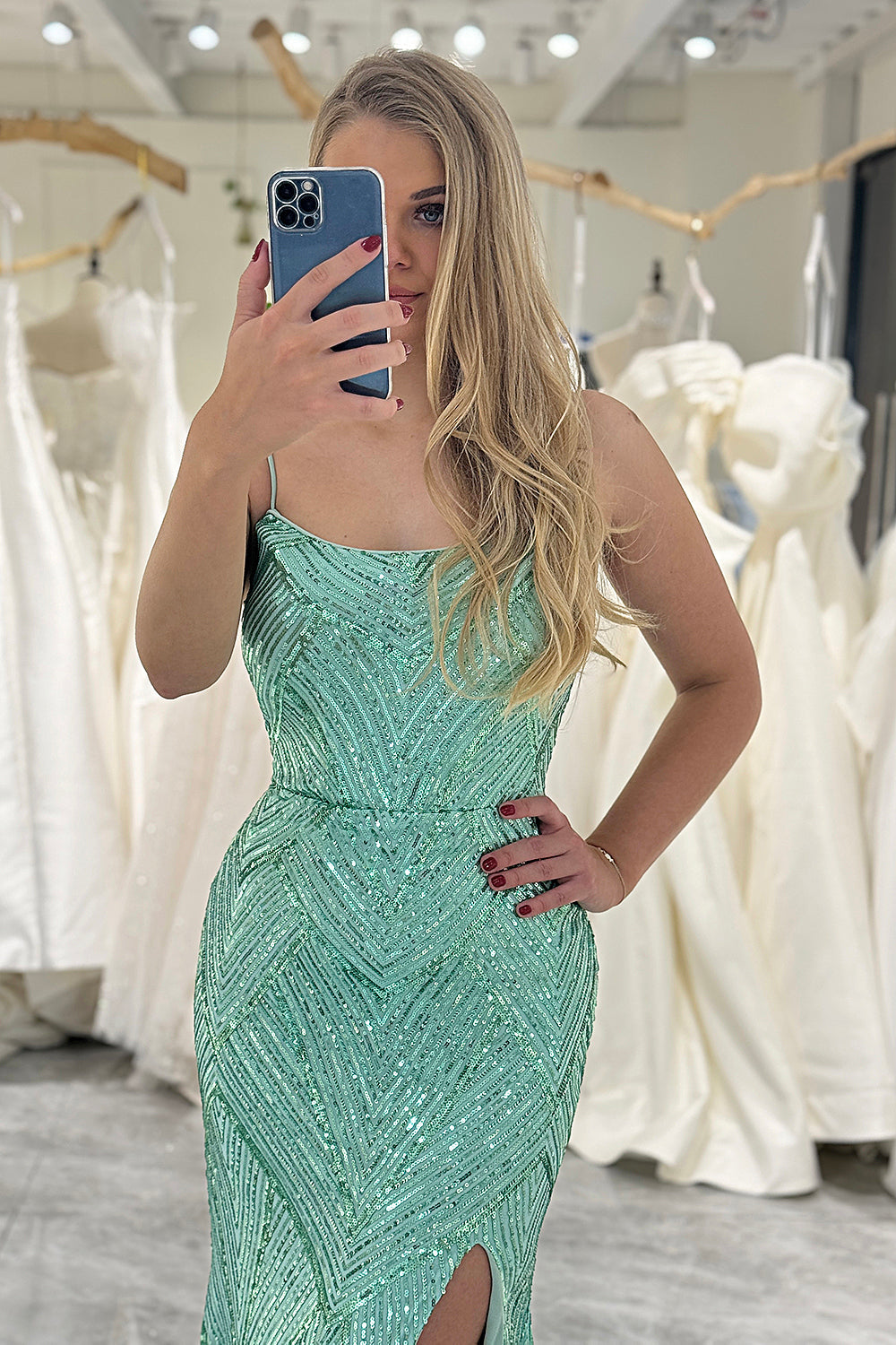 Sparkly Green Mermaid Long Prom Dress With Slit