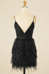 Black Sequins Tight Homecoming Dress with Feathers