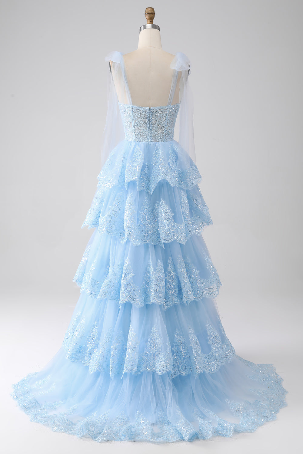 Blue Ruffled Tiered Lace A-Line Long Prom Dress