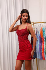 Sparkly Dark Red Beaded Tight Homecoming Dress with Appliques