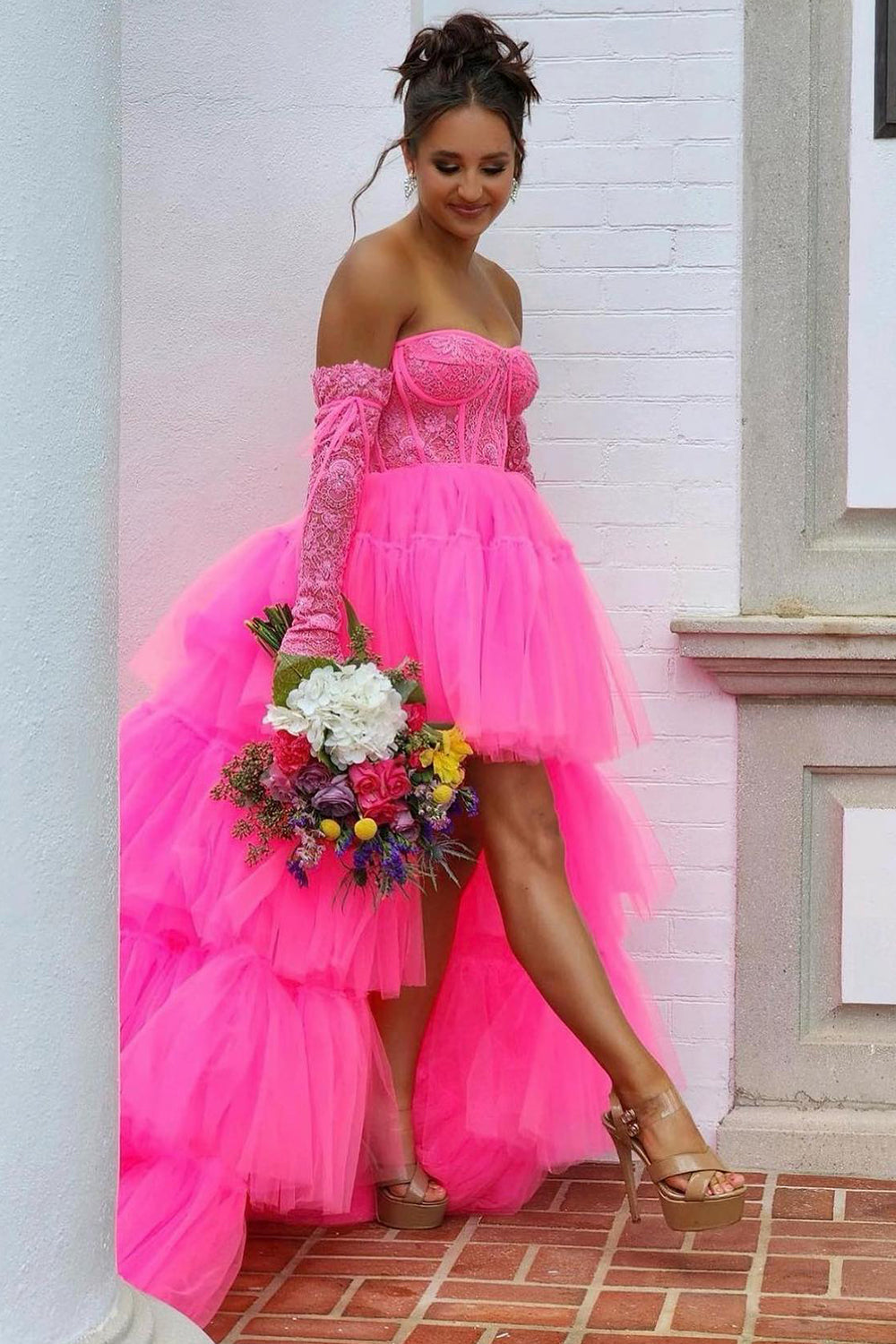 Hot Pink High Low Detachable Sleeves Corset Homecoming Dress with Lace