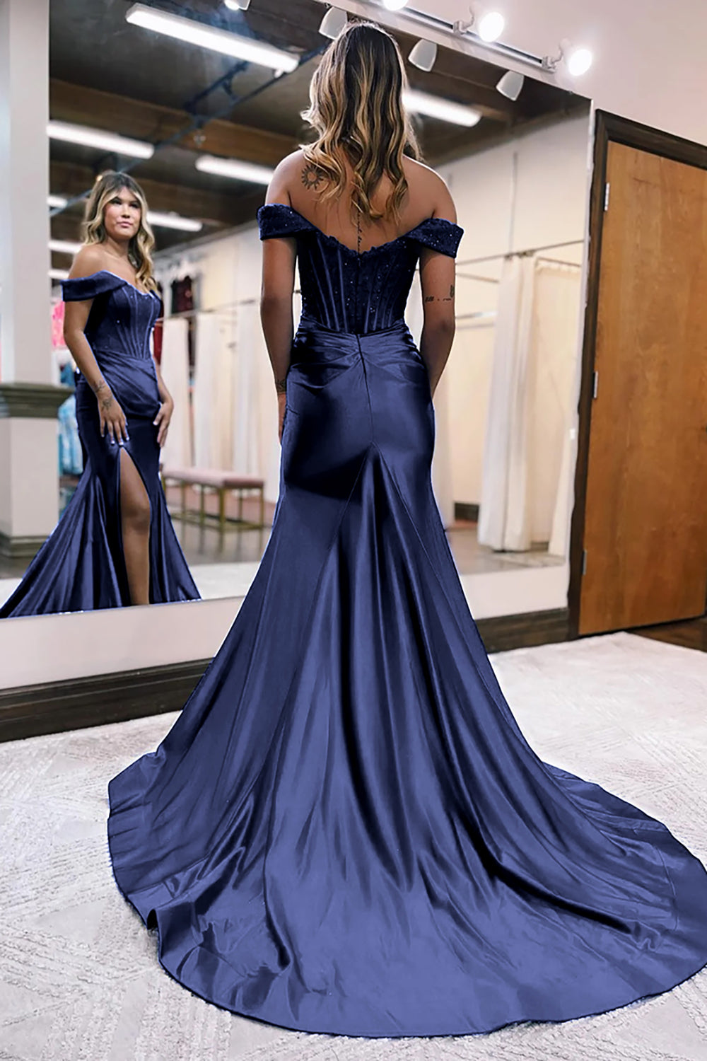 Sparkly Royal Blue Corset Detachable Neck Mermaid Long Prom Dress with Slit