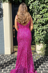 Mermaid V Neck Fuchsia Sequins Long Prom Dress