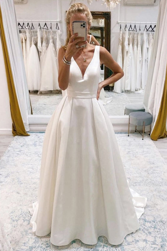 Chic Ivory A-Line Deep V-Neck Long Wedding Dress with Bowknot