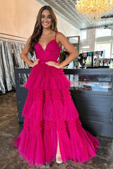 Red Tulle Spaghetti Straps Long Prom Dress