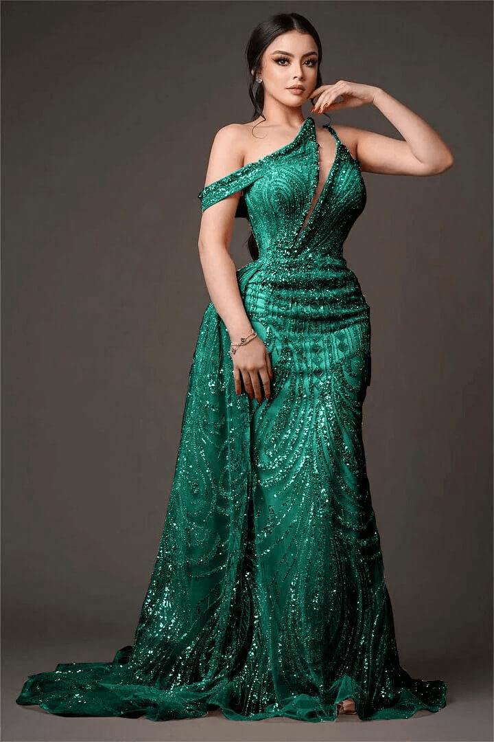 Champagne Mermaid Prom Dress Asymmetric Neck Beaded Formal Dress