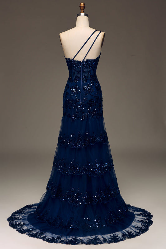 Glitter Dark Navy Tulle Long Corset Prom Dress With Appliques