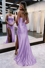 Hot Pink Spaghetti Straps Satin Mermaid Prom Dress with Slit