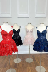 Red Tiered Homecoming Dress Corset Sleeveless Short Cocktail Dress