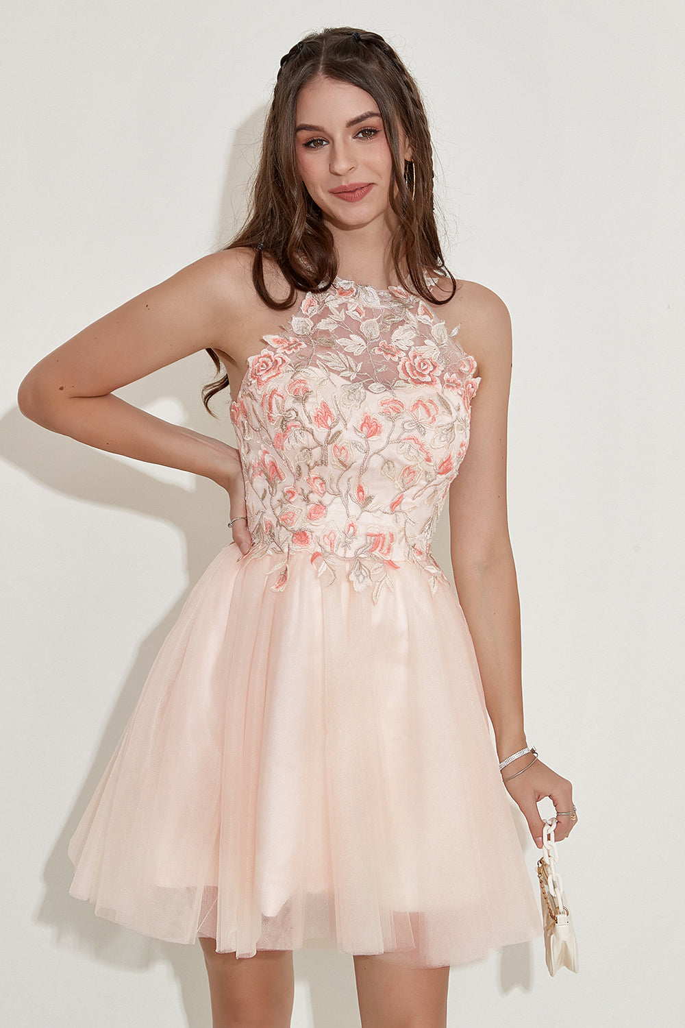 Champagne Halter Homecoming Dress with Embroidery