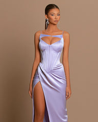 Purple Evening Dress Ball Gown Sleeveless Spaghetti Straps Pleated