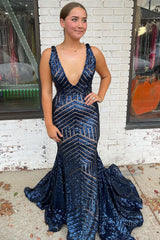 Sparkly Blue Mermaid Deep V Neck Long Prom Dress with Sequins