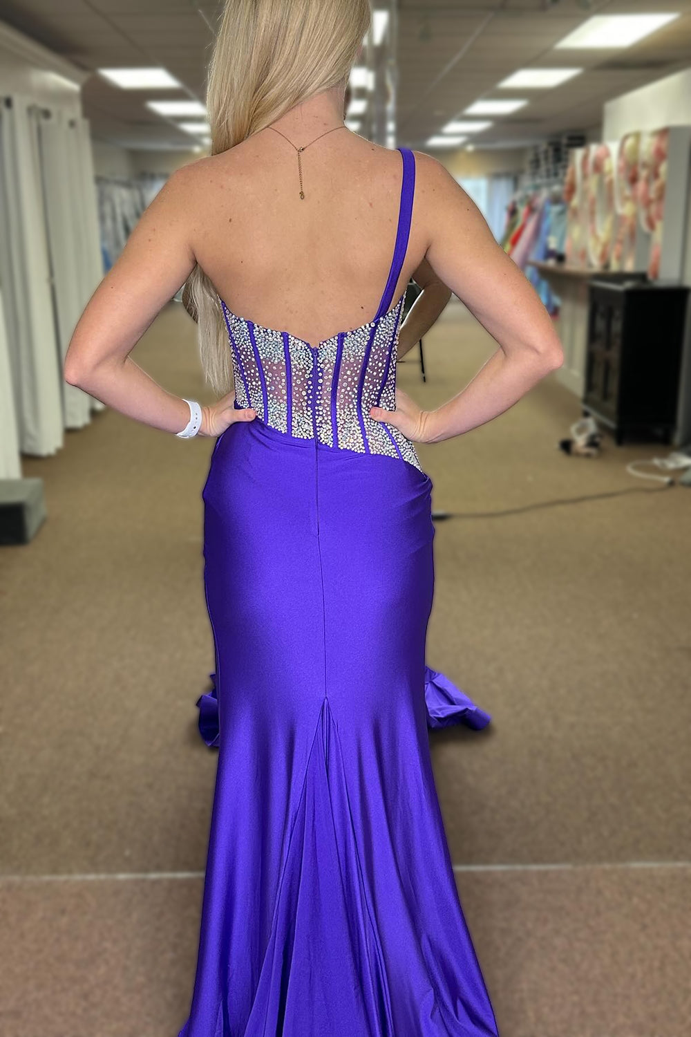 Sparkly Royal Blue Mermaid One Shoulder Long Corset Prom Dress With Slit