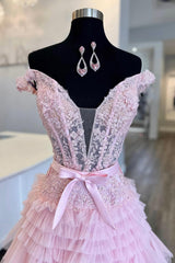 Princess A Line Off the Shoulder Light Pink Long Prom Dress with Ruffles