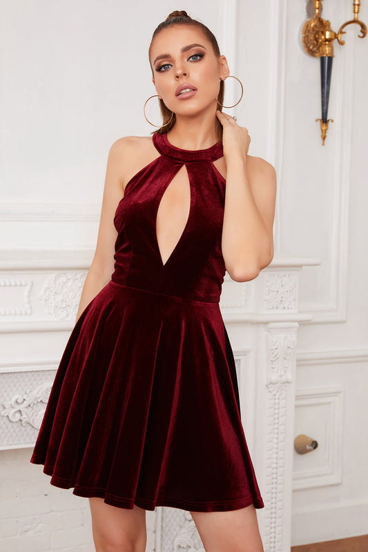 Burgundy Halter Keyhole Mini Velvet Dress