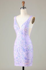 Lavender Sparkly Tight Homecoming Dress with Backless