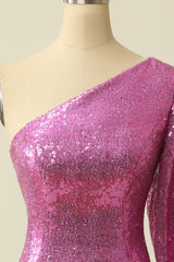 One Shoulder Fuchsia Sequined Homecoming Dress