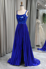 Glitter Royal Blue A Line Long Mirror Prom Dress With Slit