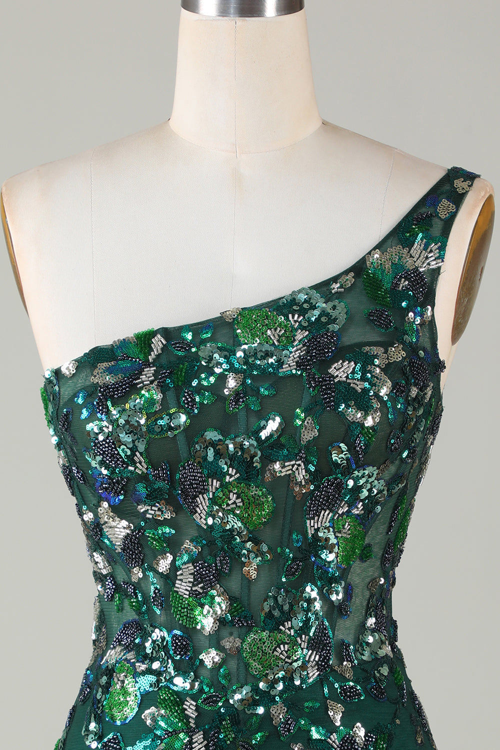 Bodycon One Shoulder Dark Green Sequins Short Homecoming Dress with Feather