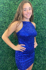 Glitter Royal Blue Spaghetti Straps Sequins Tight Short Homecoming Dress