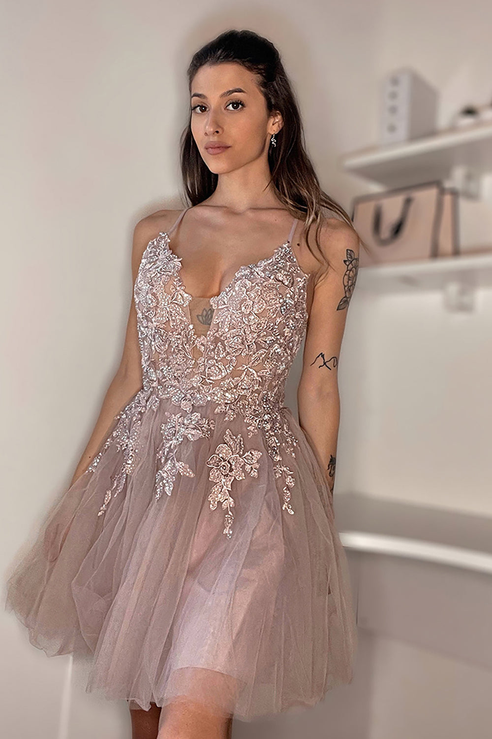 Blush A-Line Tulle Short Homecoming Dress with Appliques