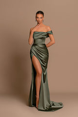 Off-The-Shoulder Sage Green Evening Dress Ball Gown Sleeveless Slit Pleated