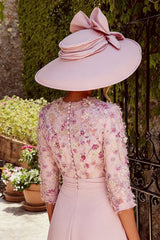 Dreamyannie Floral Dusty Rose Round Neck Ruched Midi Mother Of The Bride Dress With Sleeves