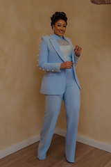 Sky Blue Women Suits 3 Pieces Beaded Party Mother of the Bride Suits