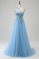 Light Blue A Line Long Corset Prom Dress With Appliques