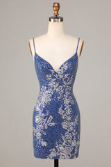 Sparkly Spaghetti Straps Dark Blue Short Homecoming Dress with Embroidery