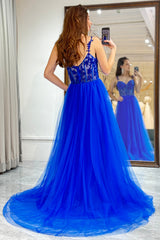 Royal Blue Prom Dress Spaghetti Straps A-Line Corset Evening Dress