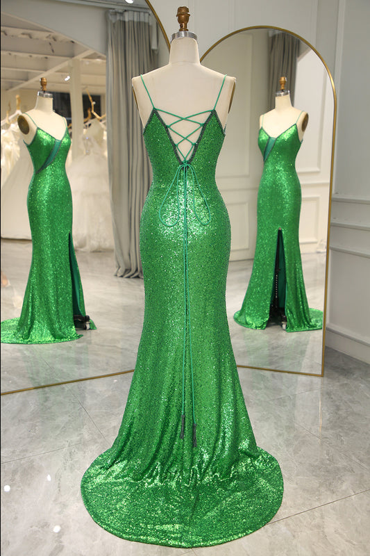 Glitter Dark Green Mermaid Backless Long Prom Dress With Slit