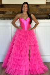 Black Corset Sweetheart A-Line Tiered Long Tulle Prom Dress with Slit