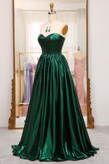 Sparkly Dark Green A Line Strapless Long Pleated Prom Dress