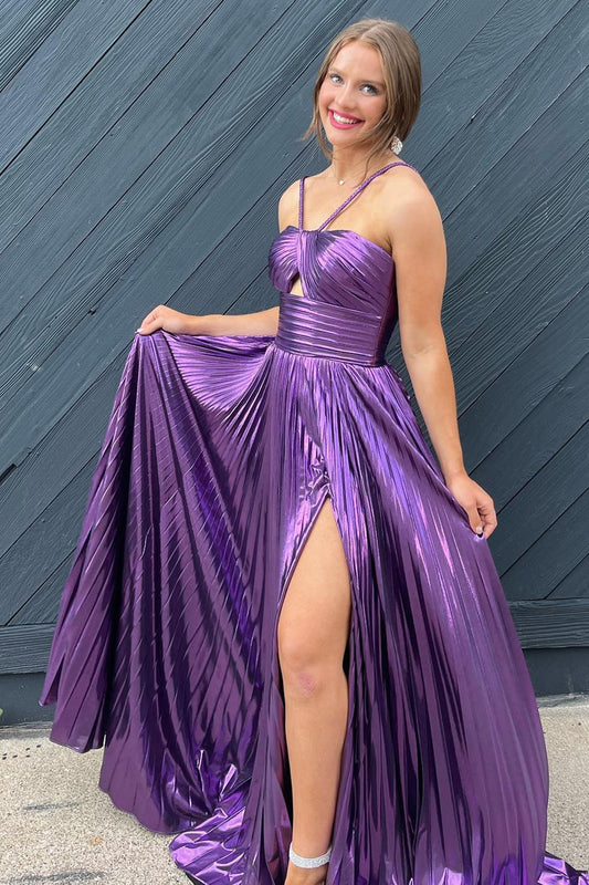 Glitter Purple Backless Long Prom Dress With Slit