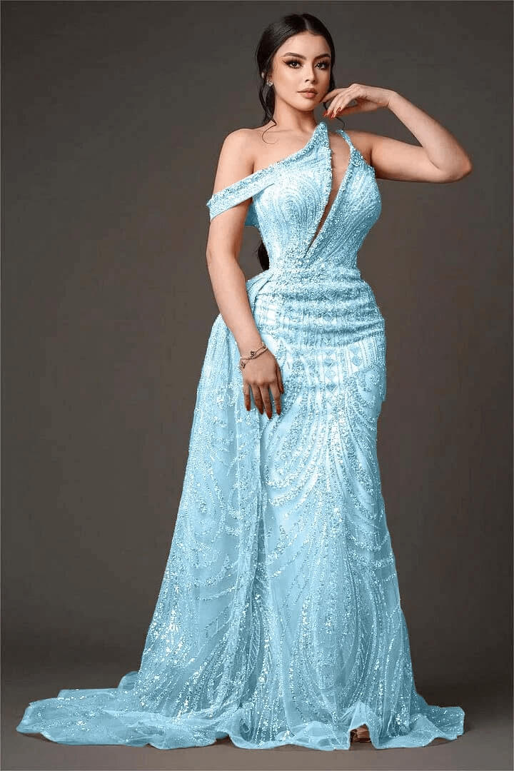 Champagne Mermaid Prom Dress Asymmetric Neck Beaded Formal Dress