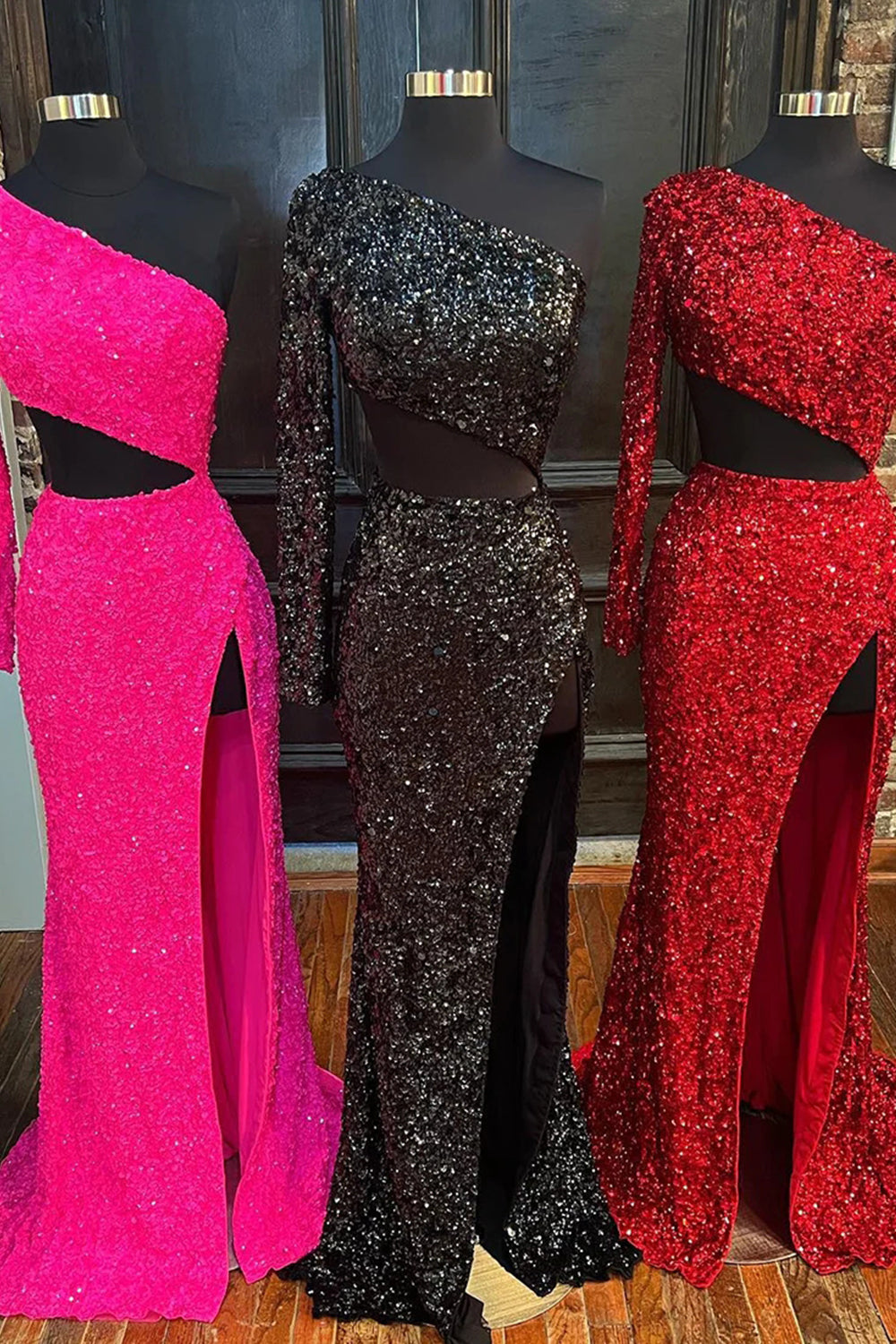 Sheath One Shoulder Red Sequins Long Prom Dress with Silt