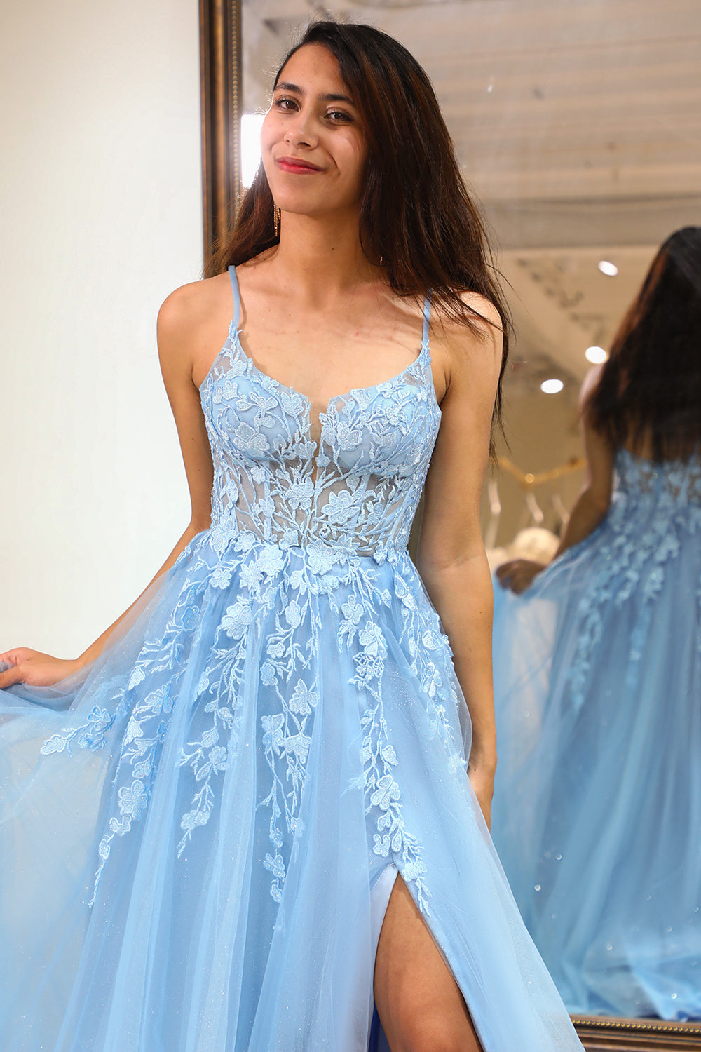 Light Blue A Line Tulle Long Corset Prom Dress With Slit