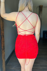 Red V-Neck Lace Tight Short Homecoming Dress